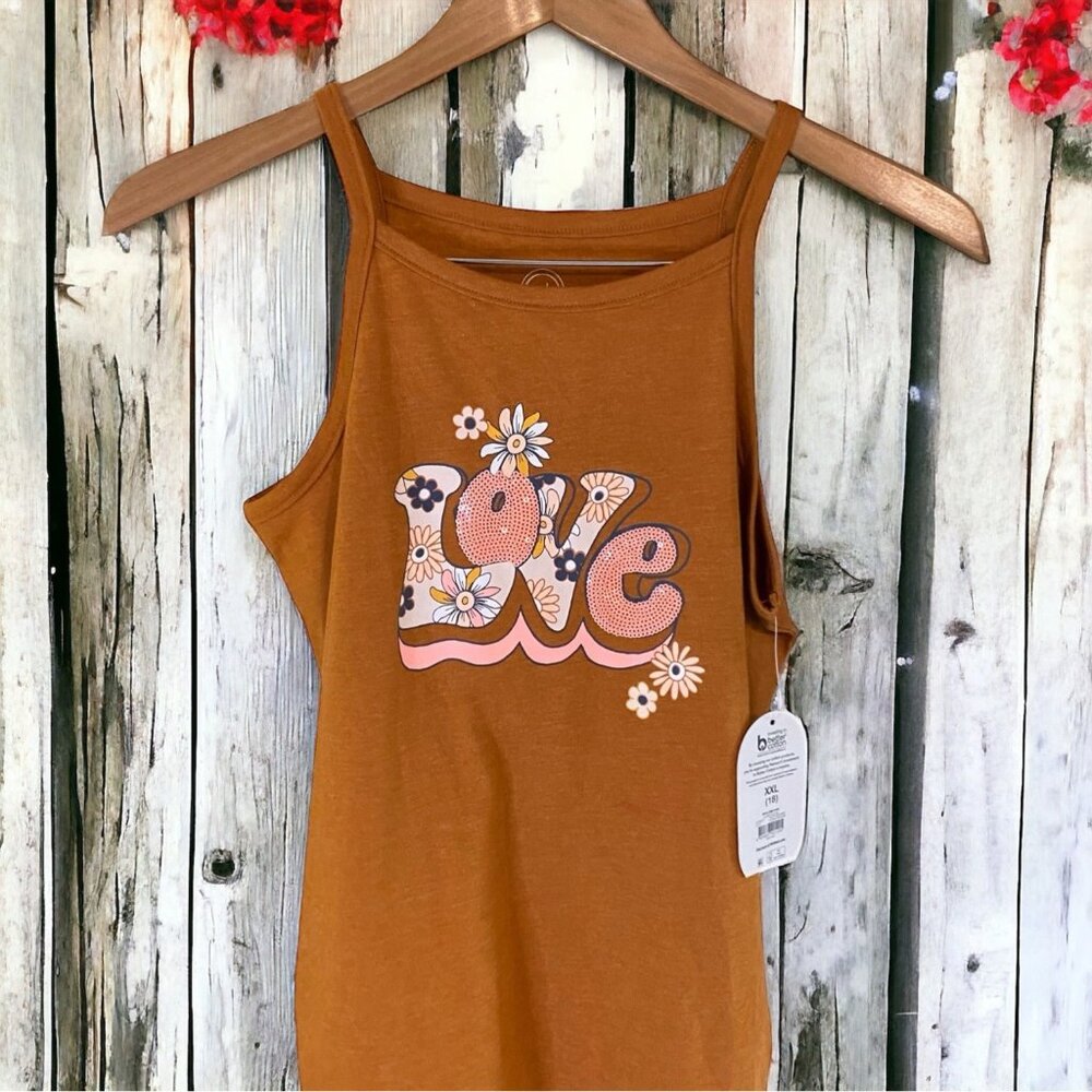 Wonder Nation Girls Tank Top XXL Orange  "Love" Graphic Floral Hippie Festival